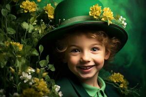 Portrait of a smiling boy in a leprechaun costume. St. Patrick's Day. AI generated photo