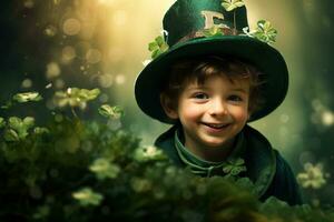 Portrait of a smiling boy in a leprechaun costume. St. Patrick's Day. AI generated photo