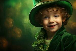 Portrait of a smiling boy in a leprechaun costume. St. Patrick's Day. AI generated photo