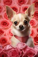 Portrait valentines of a cute chihuahua dog with roses AI generated photo