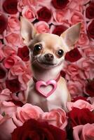 Portrait valentines of a cute chihuahua dog with roses AI generated photo