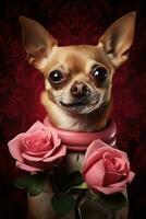 Portrait valentines of a cute chihuahua dog with roses AI generated photo