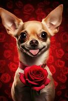 Portrait valentines of a cute chihuahua dog with roses AI generated photo