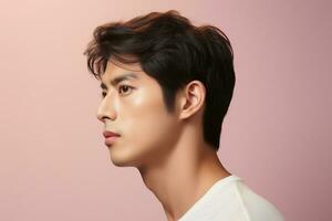 Portrait of a beautiful young asian man on pink background.asian beauty AI generated photo