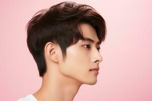 Portrait of a beautiful young asian man on pink background.asian beauty AI generated photo