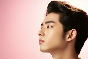 Portrait of a beautiful young asian man on pink background.asian beauty AI generated photo