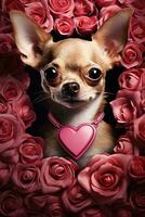 Portrait valentines of a cute chihuahua dog with roses AI generated photo