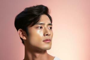 Portrait of a beautiful young asian man on pink background.asian beauty AI generated photo