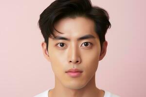 retrato de un hermosa joven asiático hombre en rosado fondo.asiático belleza ai generado foto