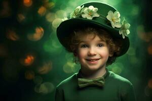 Portrait of a smiling boy in a leprechaun costume. St. Patrick's Day. AI generated photo