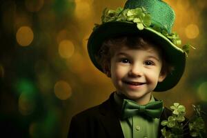 retrato de un sonriente chico en un duende traje. S t. patrick's día. ai generado foto