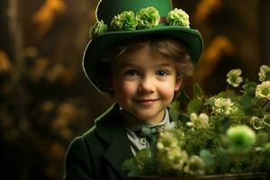 retrato de un sonriente chico en un duende traje. S t. patrick's día. ai generado foto