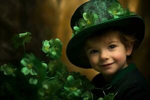 retrato de un sonriente chico en un duende traje. S t. patrick's día. ai generado foto