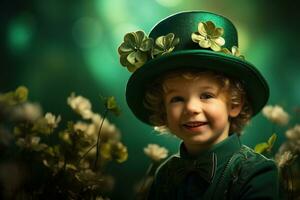 Portrait of a smiling boy in a leprechaun costume. St. Patrick's Day. AI generated photo