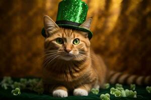 Cute cat wearing a green top hat for St. Patrick's Day. AI generated photo