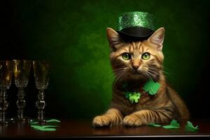 Cute cat wearing a green top hat for St. Patrick's Day. AI generated photo