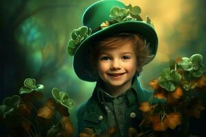 Portrait of a smiling boy in a leprechaun costume. St. Patrick's Day. AI generated photo