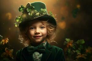 Portrait of a smiling boy in a leprechaun costume. St. Patrick's Day. AI generated photo