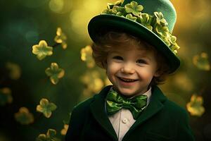 Portrait of a smiling boy in a leprechaun costume. St. Patrick's Day. AI generated photo