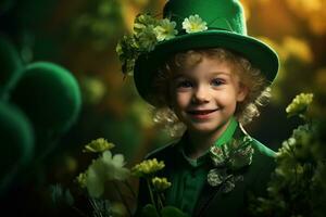 Portrait of a smiling boy in a leprechaun costume. St. Patrick's Day. AI generated photo