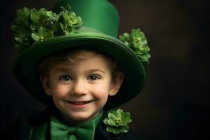 Portrait of a smiling boy in a leprechaun costume. St. Patrick's Day. AI generated photo