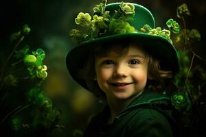 retrato de un sonriente chico en un duende traje. S t. patrick's día. ai generado foto