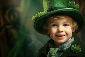 Portrait of a smiling boy in a leprechaun costume. St. Patrick's Day. AI generated photo