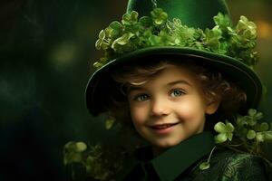 Portrait of a smiling boy in a leprechaun costume. St. Patrick's Day. AI generated photo