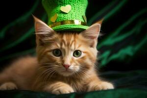 Cute cat wearing a green top hat for St. Patrick's Day. AI generated photo