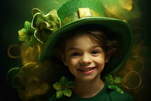 Portrait of a smiling boy in a leprechaun costume. St. Patrick's Day. AI generated photo