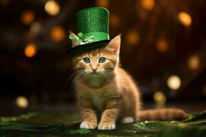 Cute cat wearing a green top hat for St. Patrick's Day. AI generated photo