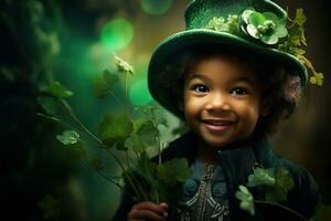 Portrait of a smiling boy in a leprechaun costume. St. Patrick's Day. AI generated photo