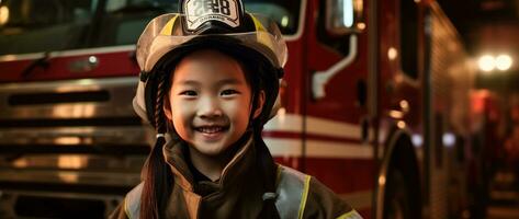 retrato de sonriente asiático pequeño niña vistiendo bombero uniforme en pie en fuego camión. ai generado foto