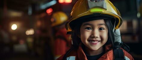 Portrait of smiling asian little girl wearing firefighter uniform standing in fire truck. AI generated photo