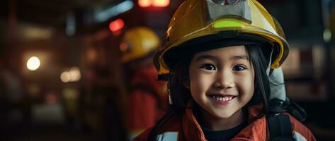 retrato de sonriente asiático pequeño niña vistiendo bombero uniforme en pie en fuego camión. ai generado foto