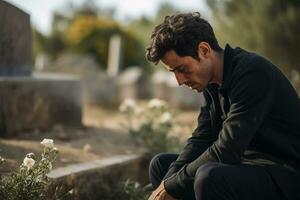 Portrait of a sad and depressed man in a black coat on the background of a cemetery.Funeral Concept AI generated photo