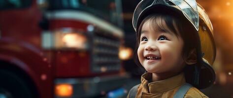 retrato de sonriente asiático pequeño niña vistiendo bombero uniforme en pie en fuego camión. ai generado foto