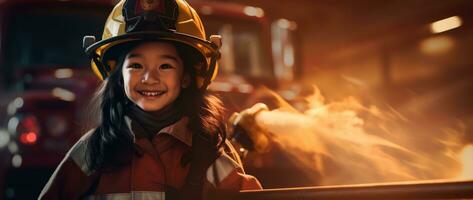 retrato de sonriente asiático pequeño niña vistiendo bombero uniforme en pie en fuego camión. ai generado foto