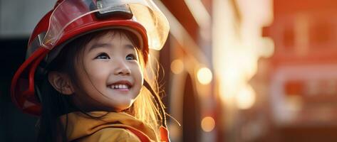 retrato de sonriente asiático pequeño niña vistiendo bombero uniforme en pie en fuego camión. ai generado foto