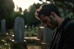 Portrait of a sad and depressed man in a black coat on the background of a cemetery.Funeral Concept AI generated photo