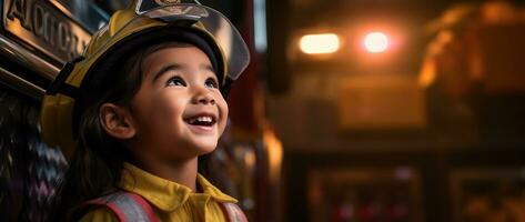 Portrait of smiling asian little girl wearing firefighter uniform standing in fire truck. AI generated photo