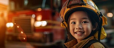 retrato de sonriente asiático pequeño niña vistiendo bombero uniforme en pie en fuego camión. ai generado foto