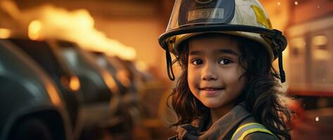 retrato de sonriente asiático pequeño niña vistiendo bombero uniforme en pie en fuego camión. ai generado foto