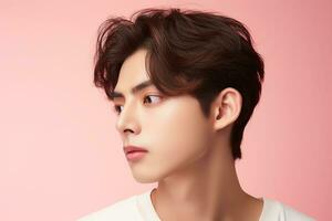 Portrait of a beautiful young asian man on pink background.asian beauty AI generated photo