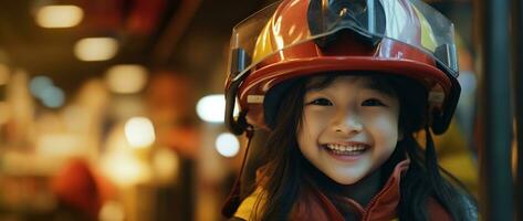 retrato de sonriente asiático pequeño niña vistiendo bombero uniforme en pie en fuego camión. ai generado foto