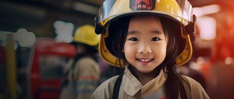 retrato de sonriente asiático pequeño niña vistiendo bombero uniforme en pie en fuego camión. ai generado foto