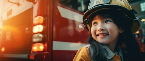 retrato de sonriente asiático pequeño niña vistiendo bombero uniforme en pie en fuego camión. ai generado foto