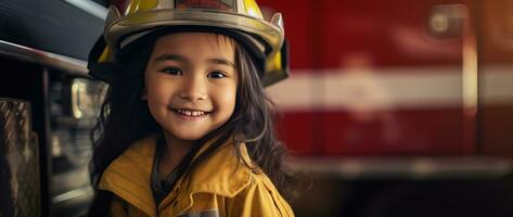 retrato de sonriente asiático pequeño niña vistiendo bombero uniforme en pie en fuego camión. ai generado foto