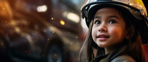 retrato de sonriente asiático pequeño niña vistiendo bombero uniforme en pie en fuego camión. ai generado foto