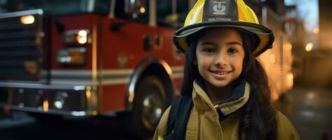 retrato de sonriente asiático pequeño niña vistiendo bombero uniforme en pie en fuego camión. ai generado foto